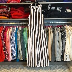 Loft white/rust/pink/black striped sleeveless elastic waistband jumpsuit size XS